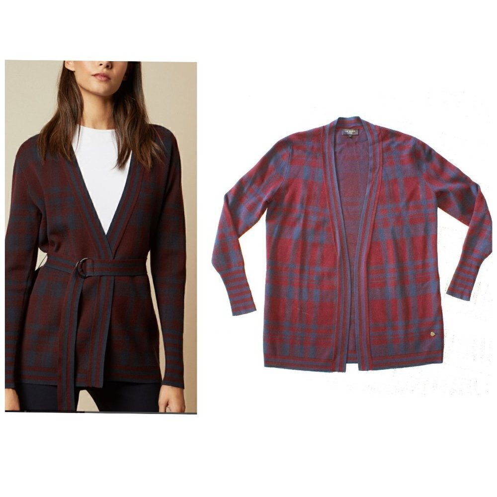 Ted Baker Isslaii Longline cardigan checkered print Size 6 Purple & Blue no belt